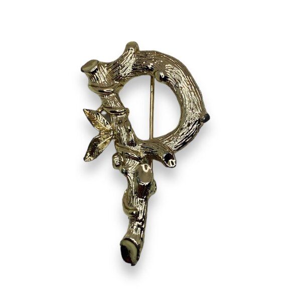 Sarah Coventry Script Letter P Branch & Leaves Gold Tone Brooch Pin - Picture 1 of 4